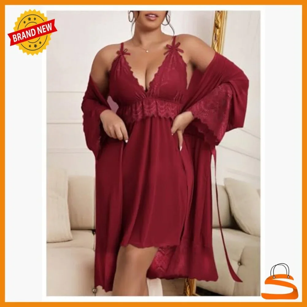 Plus Size Lace Cami Nightgown & Robe Pajama Set, V-Neck, Polyester Blend